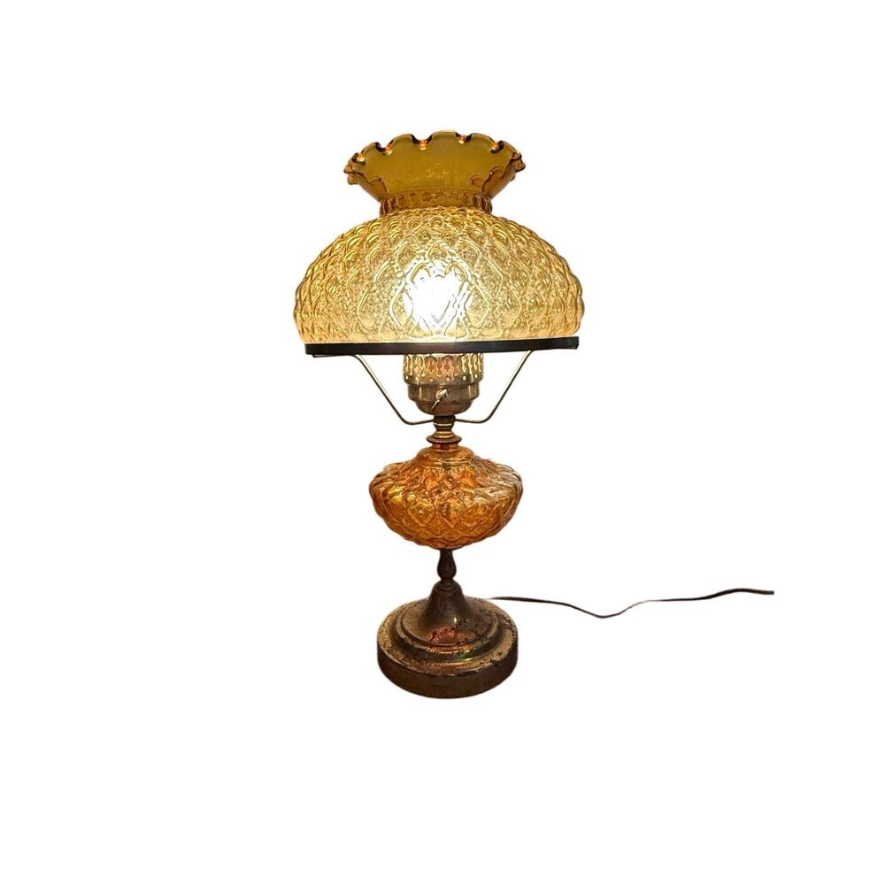 Fenton Amber Quilted Glass Hurricane Brass Base Lamp- VINTAGE, WORKING!